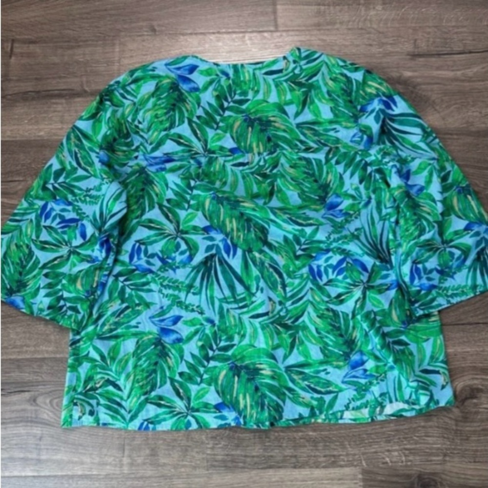 NWOT J.Jill Voile Shirred Tunic Blouse Blue Green Lightweight Cotton Size Large - Picture 3 of 8